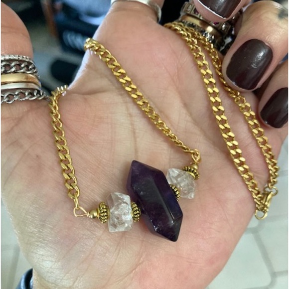 Genuine double point amethyst crystal & herkimer diamonds gold boho necklace - Picture 8 of 11